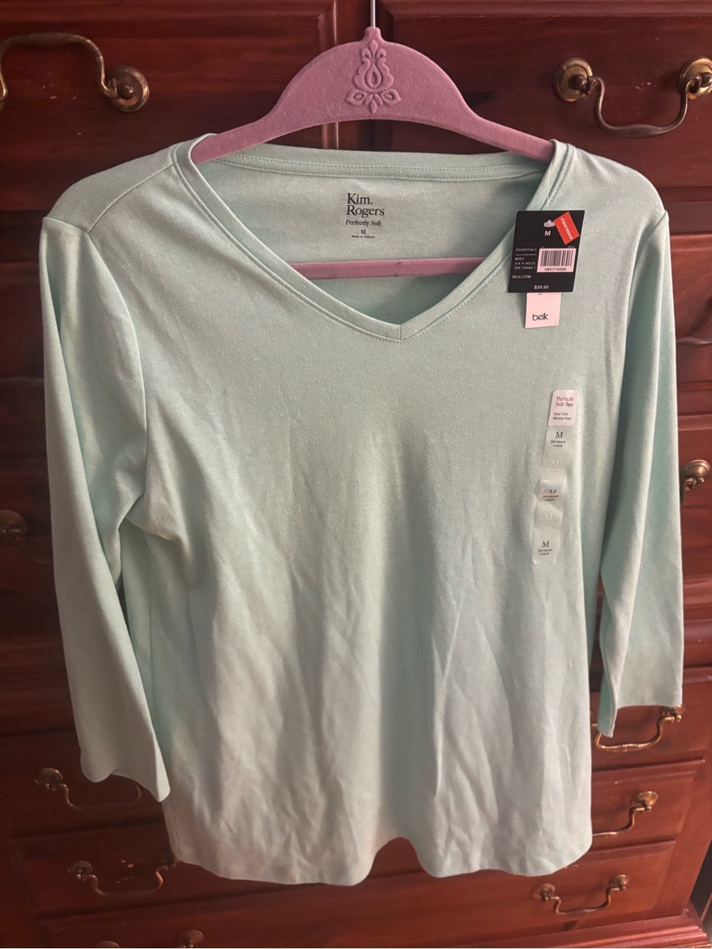 Kim Rogers Light Mint V-Neck 3/4-Sleeve Tee